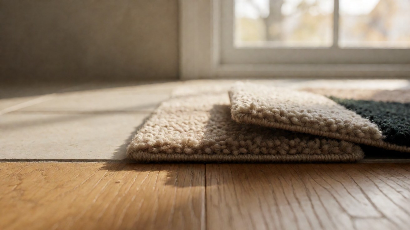 Extreme close-up of a soft carpet tile corner showing fuzzy fabric pile and yarn tufts