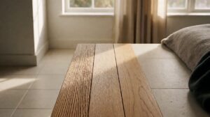 Three oak floorboard strips showing hand-scraped, wire-brushed, and smooth surface textures
