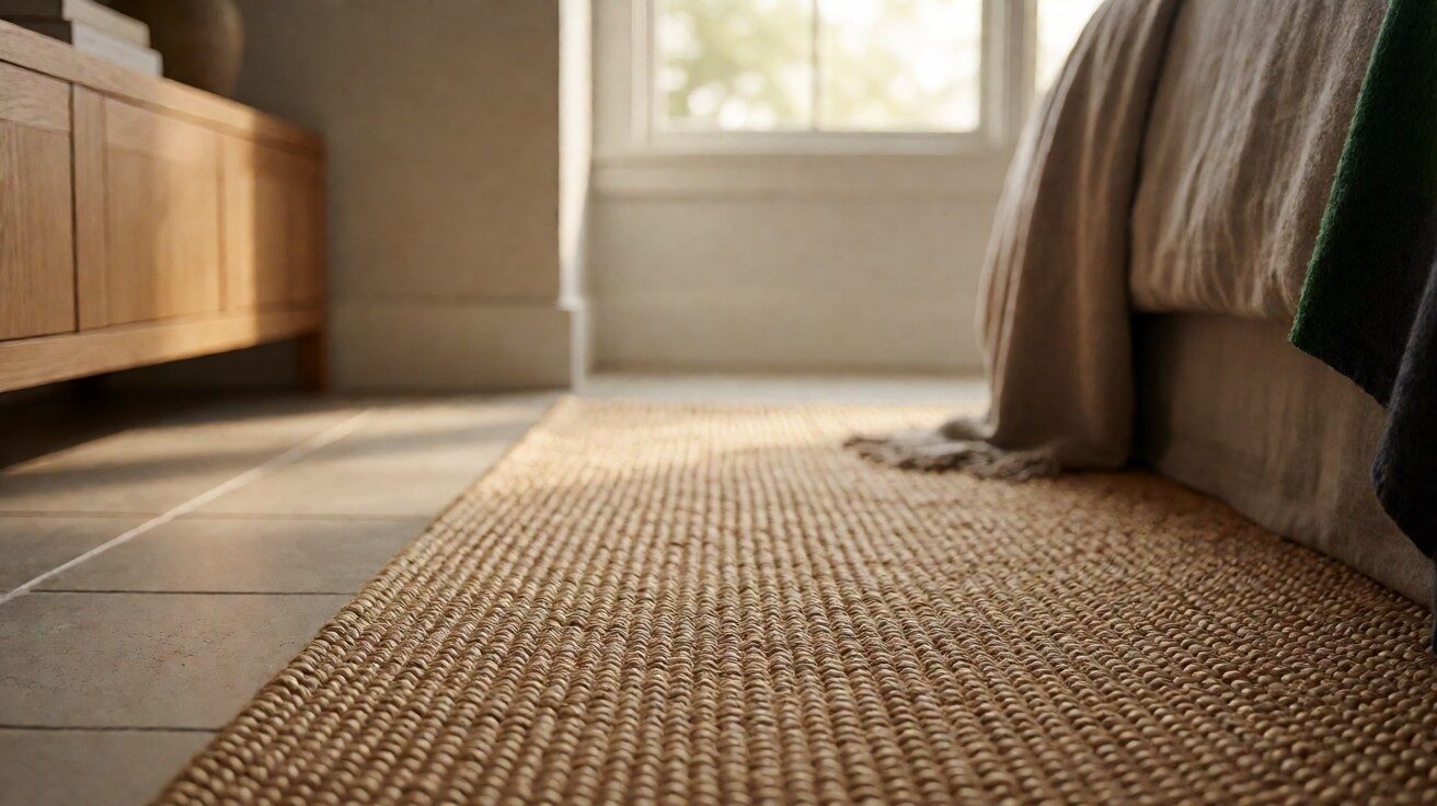 Close-up of woven sisal fiber showing natural carpet construction