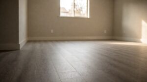 Best basement flooring: a finished basement with grey luxury vinyl plank flooring over a concrete slab