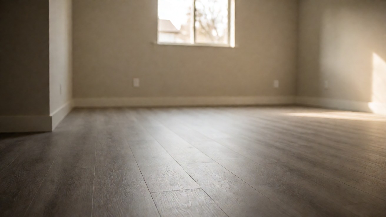 Best basement flooring: a finished basement with grey luxury vinyl plank flooring over a concrete slab