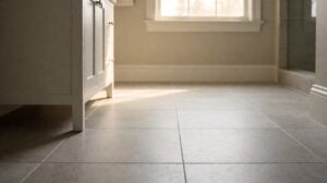 Best bathroom flooring: a modern bathroom with large-format porcelain tile flooring and a white vanity