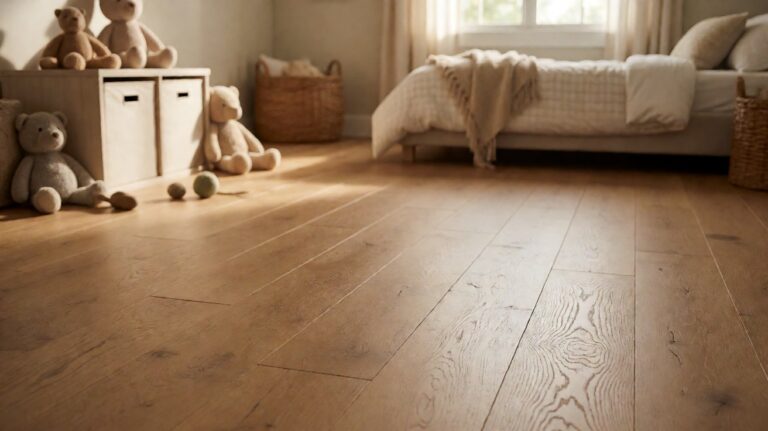 A childrens bedroom with warm oak plank flooring, a low bed, fabric storage cubes, and soft toys