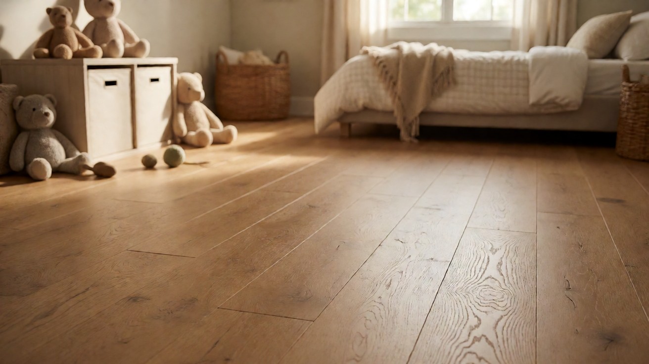 A childrens bedroom with warm oak plank flooring, a low bed, fabric storage cubes, and soft toys