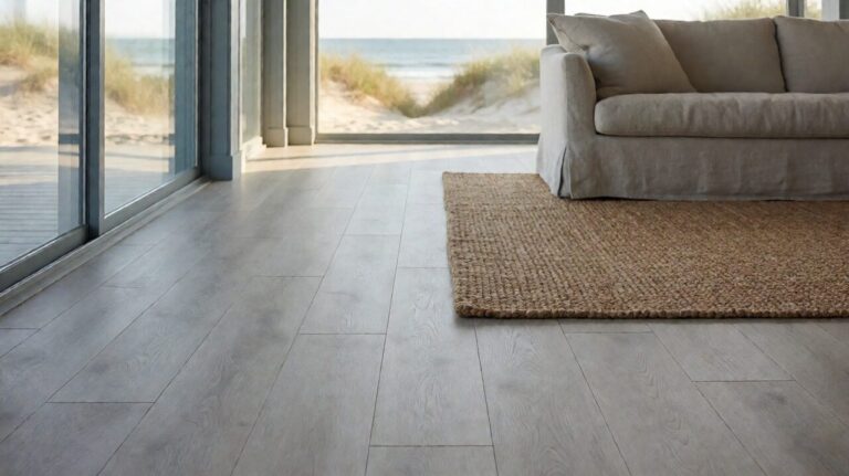 A bright beach house living room with pale grey vinyl plank flooring and a view of sand dunes