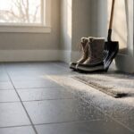 A winter entryway with a grey tile floor, snow boots, a shovel, and road salt tracked across the tiles