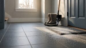 A winter entryway with a grey tile floor, snow boots, a shovel, and road salt tracked across the tiles