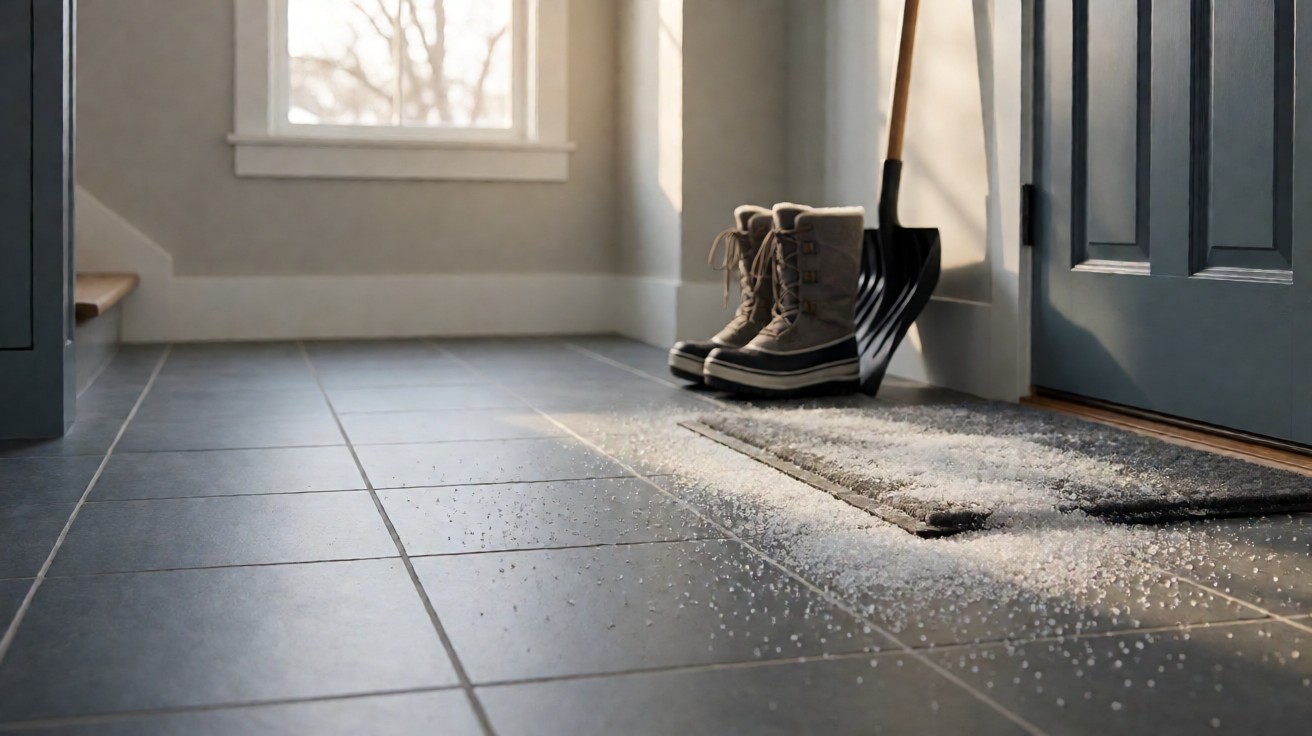 A winter entryway with a grey tile floor, snow boots, a shovel, and road salt tracked across the tiles