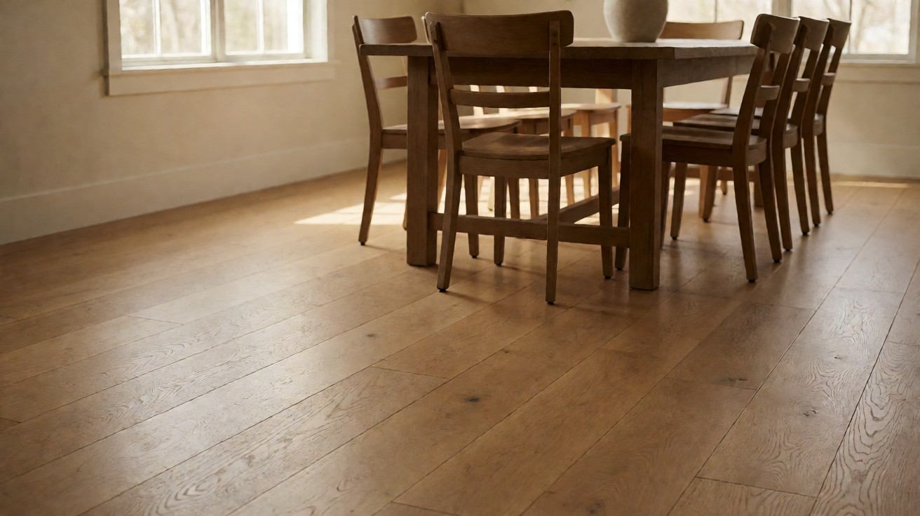 Dining room with warm oak plank flooring, a wooden table, and chairs with felt pads under the legs