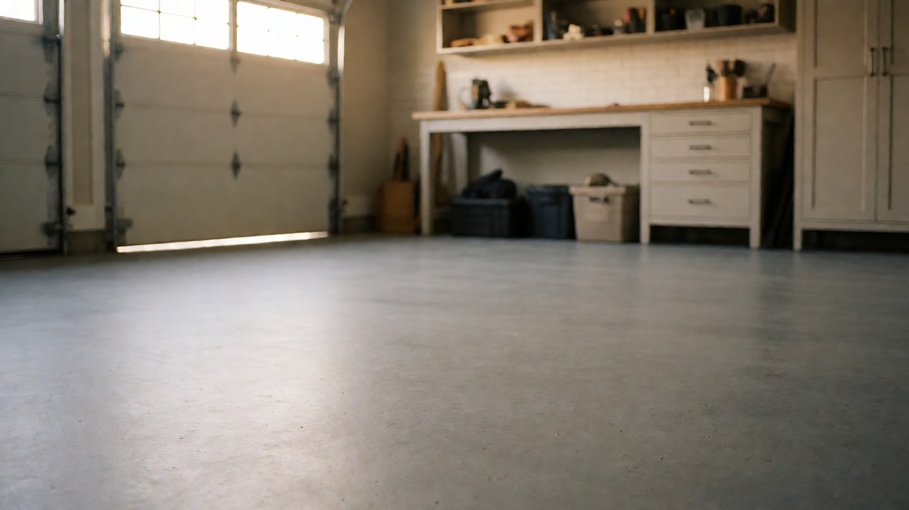 A tidy residential garage with a smooth grey sealed concrete floor and a workbench
