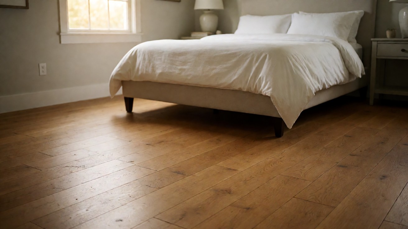 A simple guest bedroom with warm wood plank flooring, a neatly made bed, and daylight from a window