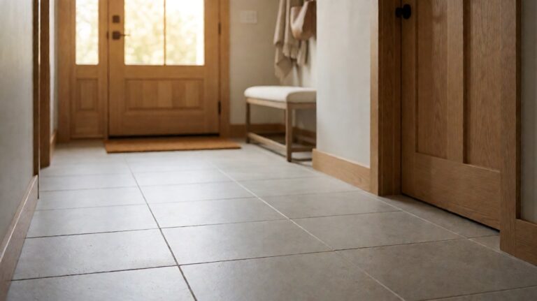 Entryway hallway with light grey large-format tile flooring, a front door, a bench, and a doormat