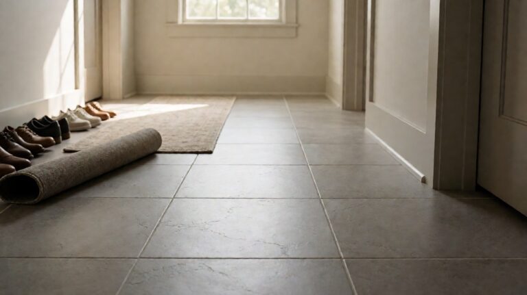 A busy hallway with large-format grey tile flooring, shoes lined up, and a runner rug rolled back