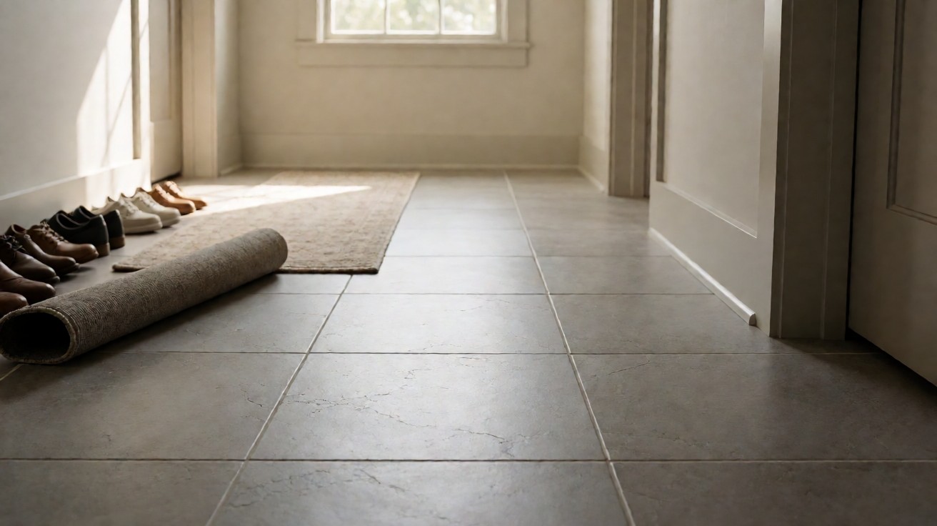A busy hallway with large-format grey tile flooring, shoes lined up, and a runner rug rolled back