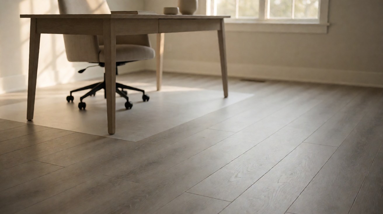 Home office with a grey-toned vinyl plank floor, a desk, an office chair, and a clear chair mat under it