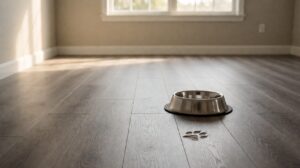 A grey wood-look vinyl plank floor with a stainless steel dog bowl and a muddy paw print beside it