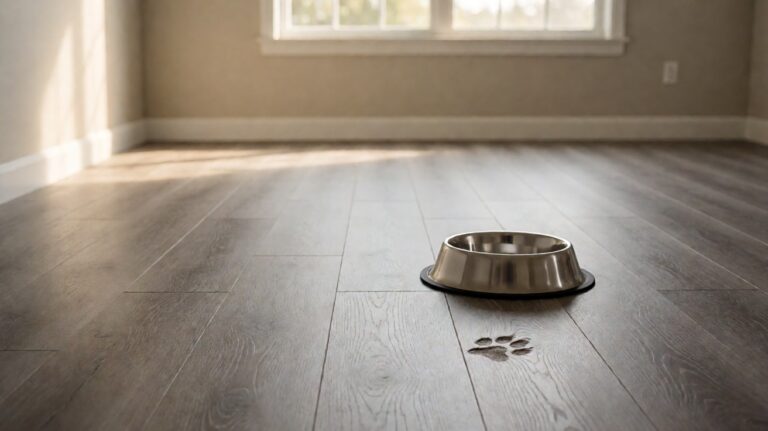 A grey wood-look vinyl plank floor with a stainless steel dog bowl and a muddy paw print beside it