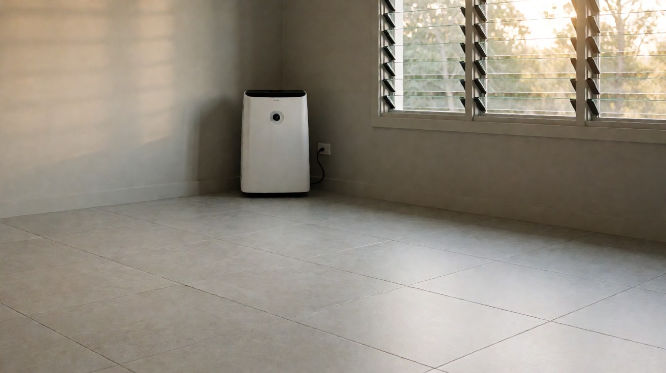 A room with light grey tile flooring, a dehumidifier against the wall, and louvred windows