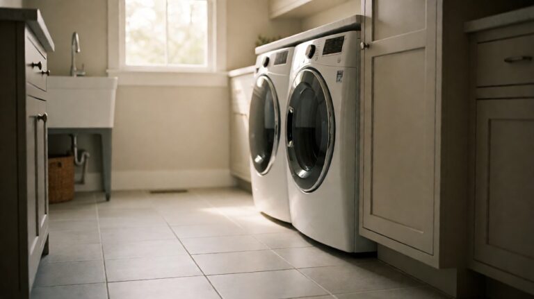 Laundry room with light grey tile flooring, a washing machine, and a utility sink
