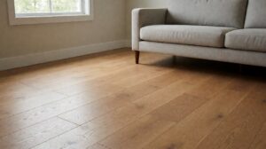 Best living room flooring: a bright living room with warm oak plank flooring and a grey sofa