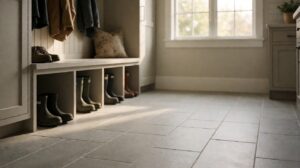 A tidy mudroom with light grey tile flooring, a bench with storage cubbies, and coats and boots