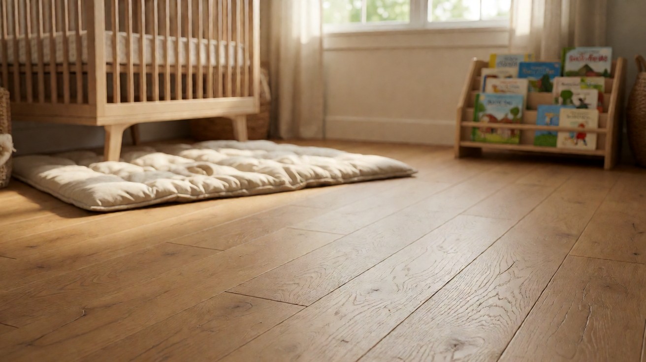 A calm nursery with warm wood plank flooring, a cot, a soft floor mat, and a low bookshelf of picture books