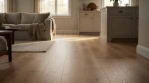 An open plan living room and kitchen with one continuous oak plank floor running through both without a joint
