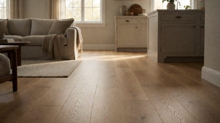 An open plan living room and kitchen with one continuous oak plank floor running through both without a joint