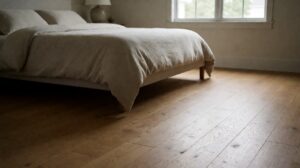A calm primary bedroom with warm oak plank flooring, a low bed, and soft daylight from a window