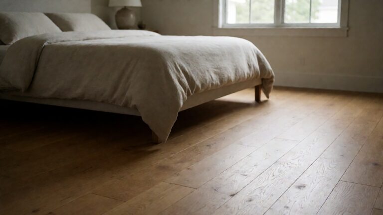 A calm primary bedroom with warm oak plank flooring, a low bed, and soft daylight from a window