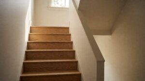 A residential staircase with warm oak wood treads, a painted balustrade, and daylight from an upstairs window