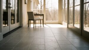 A bright enclosed sunroom with large-format grey tile flooring, tall windows, and a chair
