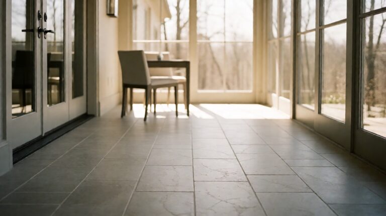 A bright enclosed sunroom with large-format grey tile flooring, tall windows, and a chair