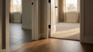 A hallway view showing three flooring materials in adjoining rooms: a wood floor, a grey tile floor, and carpet