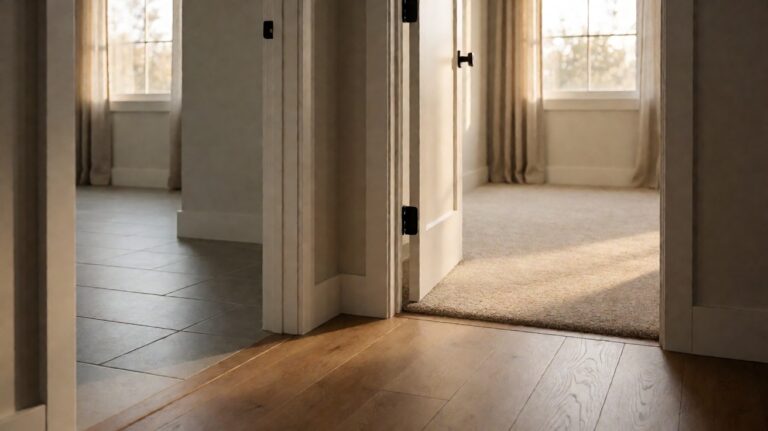 A hallway view showing three flooring materials in adjoining rooms: a wood floor, a grey tile floor, and carpet
