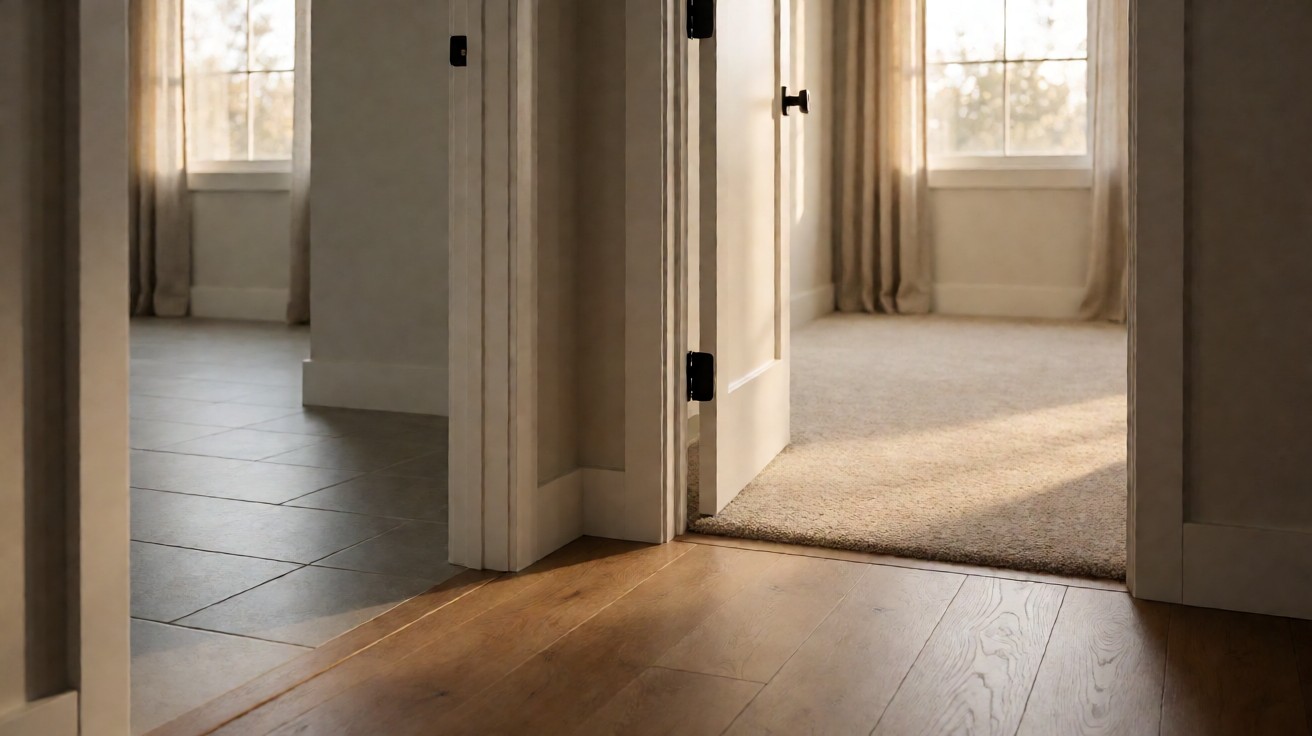 A hallway view showing three flooring materials in adjoining rooms: a wood floor, a grey tile floor, and carpet