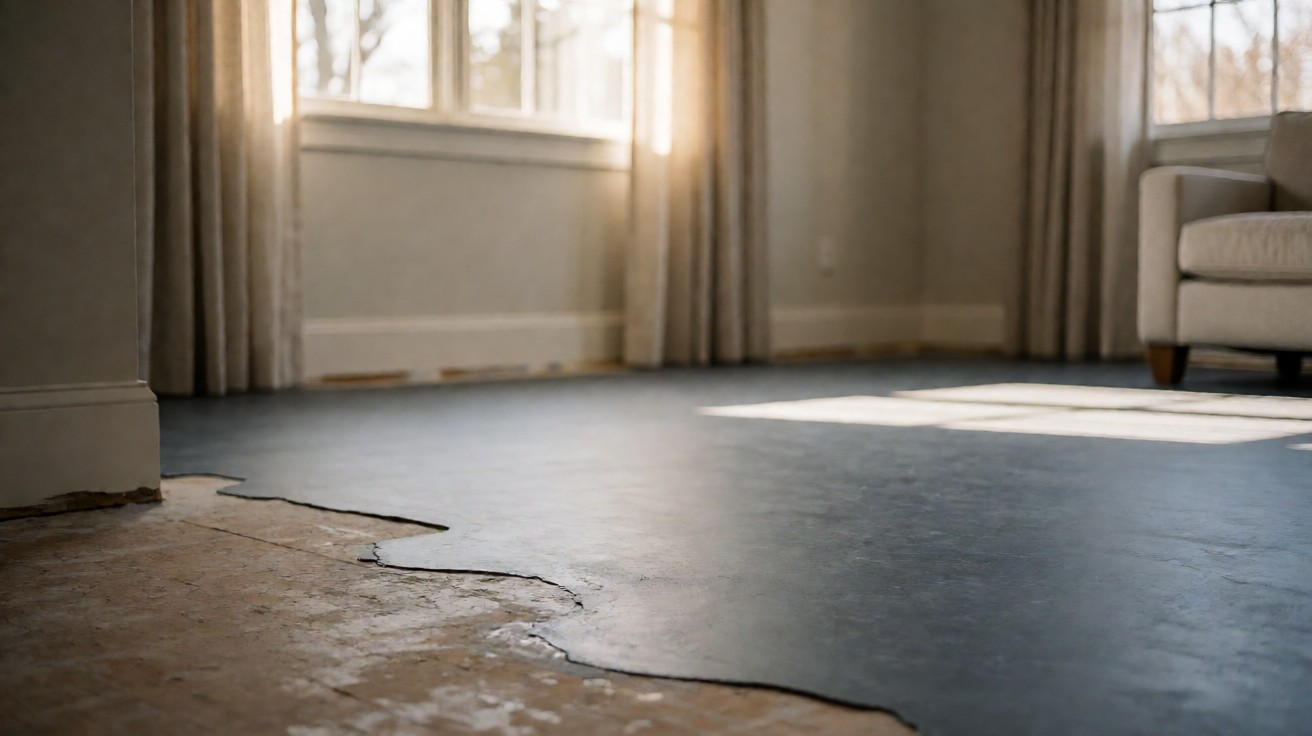 A room with sheet vinyl being installed over an uneven old subfloor, showing a levelling compound patch