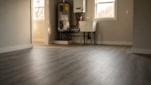 A tidy utility room with grey wood-look vinyl plank flooring, a water heater, and a utility sink