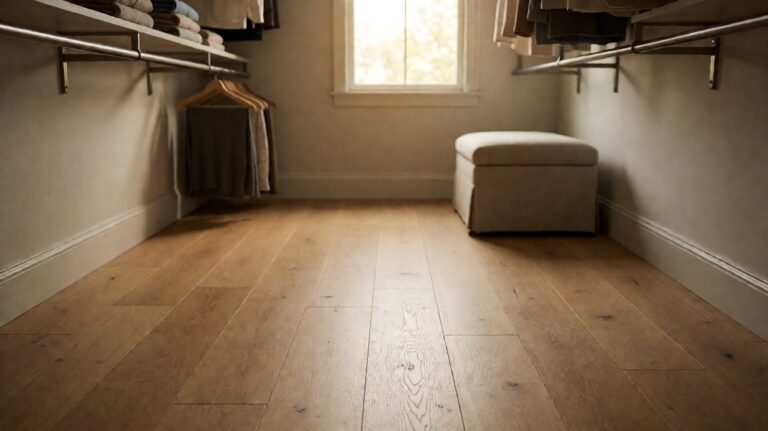 A walk-in closet with warm wood plank flooring, clothes rails, folded shelves, and an ottoman