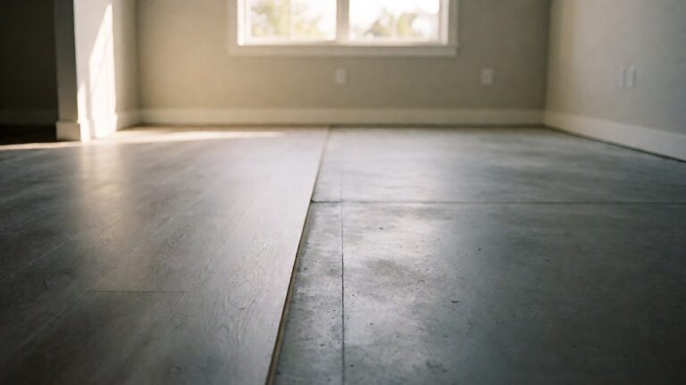 A bare grey concrete slab floor with a vinyl plank floor partly installed across it