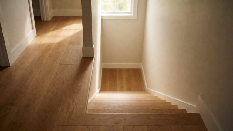 An upstairs hallway with warm oak plank flooring looking down a stairwell to the level below