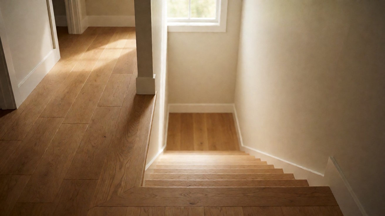 An upstairs hallway with warm oak plank flooring looking down a stairwell to the level below