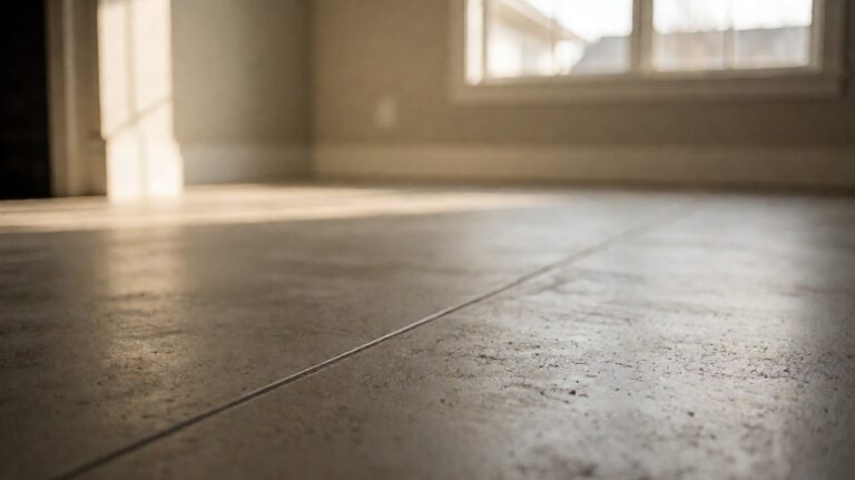 A polished concrete floor with a control joint running across it in raking daylight from a window