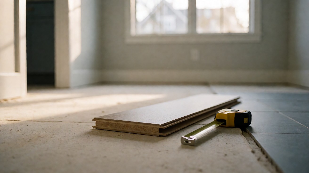 A vinyl plank sample on a subfloor beside a tape measure with the layered cross-section visible