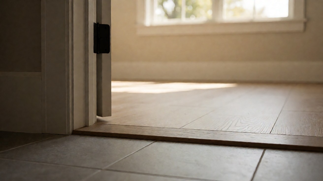 A doorway with a raised timber threshold between a grey tile floor and a wood floor beyond