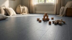 A family playroom with a grey resilient plank floor and building blocks scattered on it