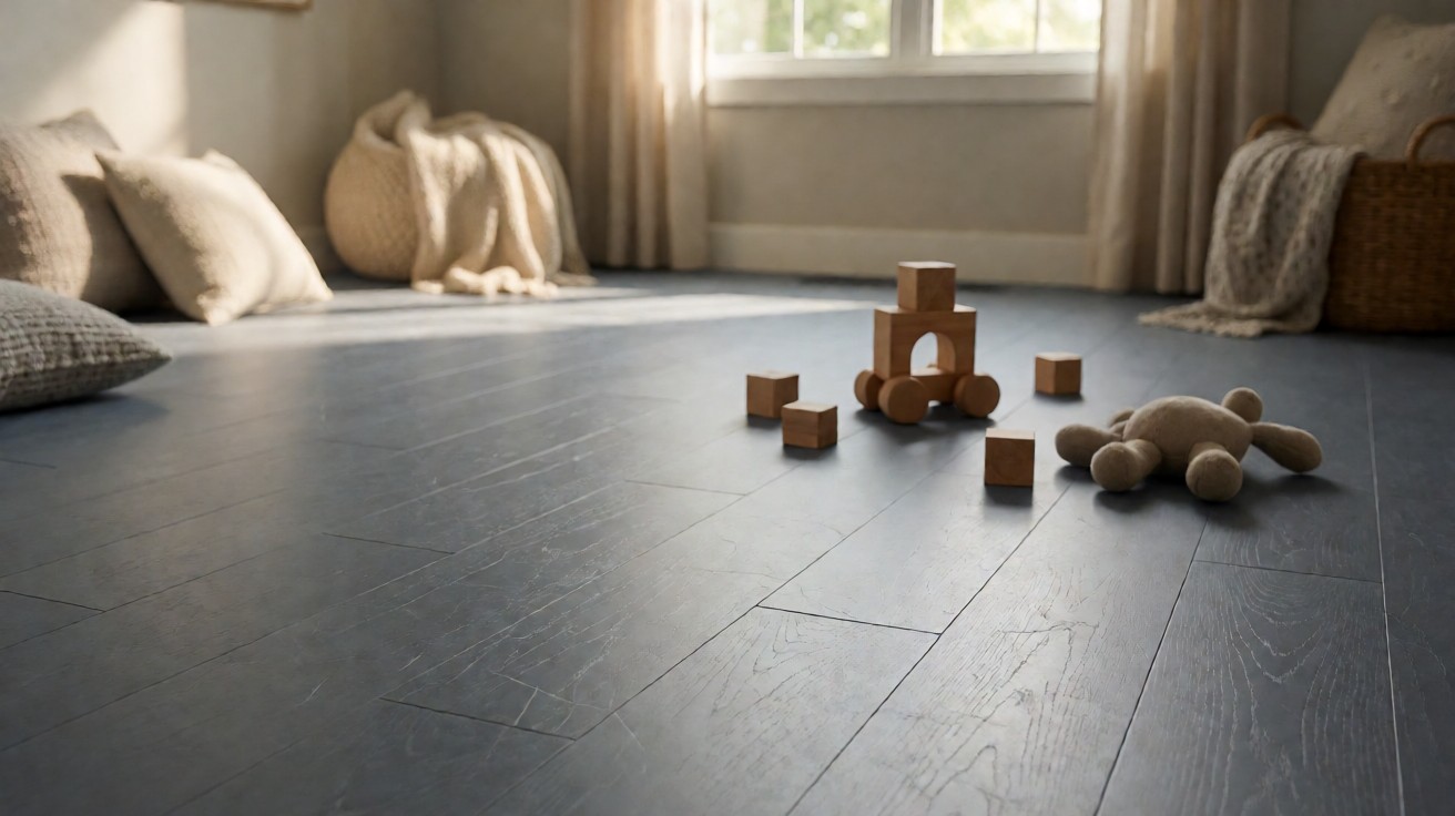 A family playroom with a grey resilient plank floor and building blocks scattered on it
