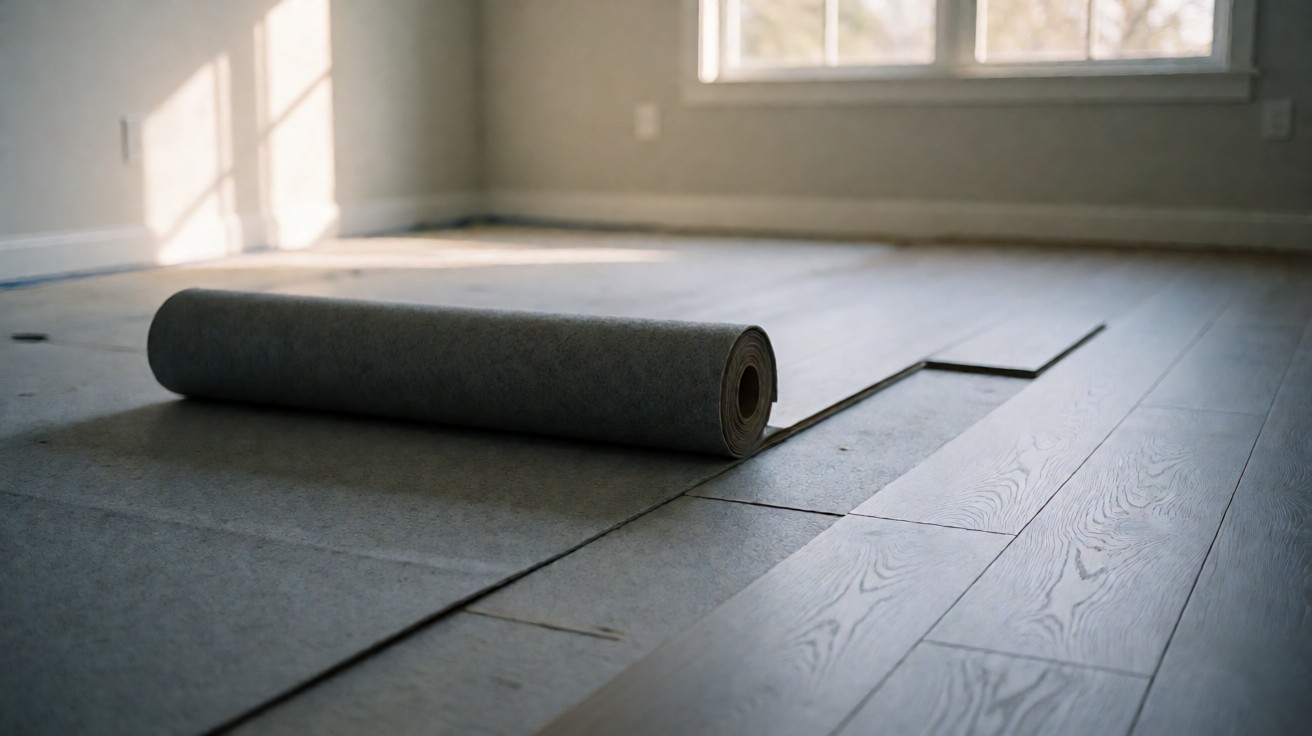 An upstairs bedroom floor mid-installation with acoustic underlay and laminate planks over it