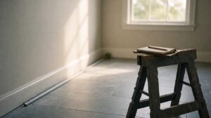 An empty room with a tape measure stretched across the subfloor from wall to wall