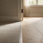 A slim metal threshold strip at a doorway between a grey tile floor and a wood floor, both level